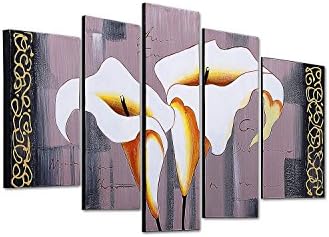 LynHee Brown Lily Fashion Flower Modern 5 Panels Stretched and Framed Art 100% Hand Painted Abstract Floral Oil Paintings on Canvas Wall Art for Living Room Bedroom Home Decoration