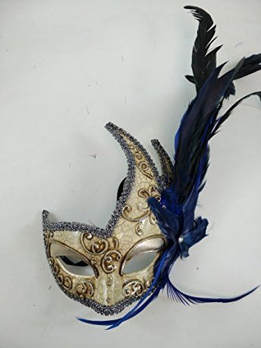 Classic Premium Decorative Venetian Style Feather Half Face Mask Intricate Design (Blue)