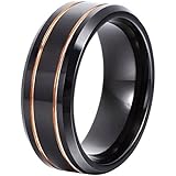 Will Queen 8mm Black Tungsten Rings with Rose Gold Grooves Men's Wedding Bands, Top Polished, Comfort Fit