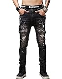 Krralinlin Men's Slim Fit Black Stretch Distressed Ripped Skinny Biker Jeans
