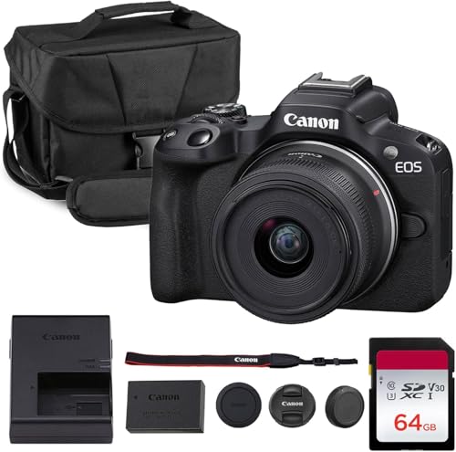 Canon EOS R50 Mirrorless Camera Kit – APS-C RF Camera with 18-45mm Lens, 4K Video, Dual Pixel AF II & Vari-Angle Touchscreen (5811C012) + Shoulder Bag + 64GB Memory Card