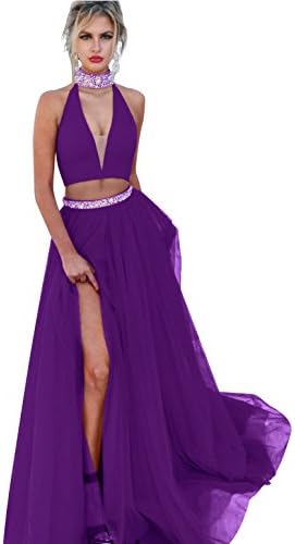 VinBridal Sexy High Neck Crystal Two Piece Slit Side Prom Dresses