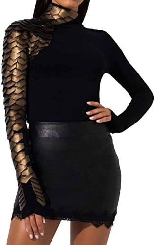Gracia Stretch Knit Zip Back High Neck Faux Leather Texture Long Sleeve Scale Top in Black