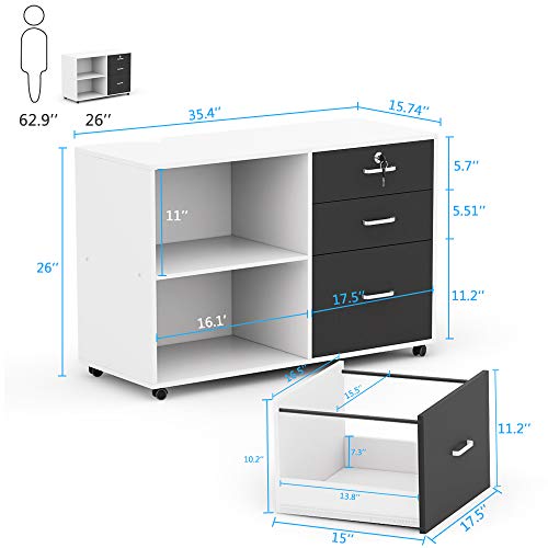 Tribesigns 3 Drawer Wood File Cabinets with Lock, Large Modern Lateral Mobile Filing Cabinets Printer Stand with Wheels, Open Storage Shelves for Home (White with Lock) - Thumbnail 6