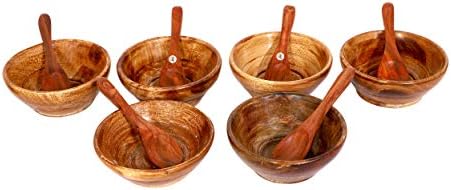 KDT Wooden Snack Food Bowl with Spoon, Standard, Brown -Set of 6