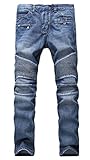 Aiyino Men's Ripped Slim Straight Fit Biker Jeans With Zipper,US 34,Blue