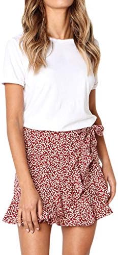Miss Fortan Women's Retro Mini Skirt, Ladies Fashion Soft High Waist Print Lace-Up Slim Ruffles Short Skirt