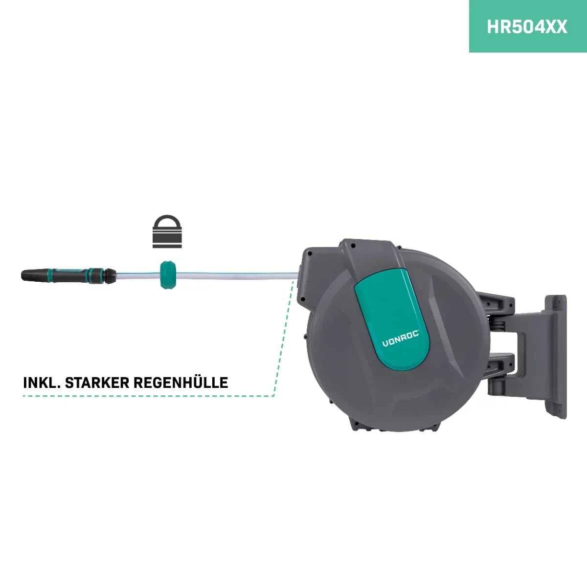 VONROC Schlauchtrommel Gartenschlauch als Schlauchaufroller 35 Meter - Wasserschlauch 180° drehbar als Schlauchbox inkl. Schlauchhalter Wand & Einzugautomatik - Grün 5