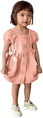 Baby Girl Linen Dresses Little Girls Casual Short Sleeve Button Down Basic Dress with Side Bowknot 6M-4Y Princess Clothes