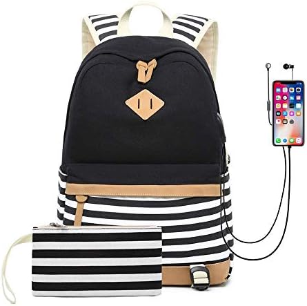 School Backpack, Laptop Backpack 15.6 Inch, Canvas Backpack School Bags Set for Teens Girls School Backpack with USB Port and Earphone Port, Water Resistant College School Bag (black-1)