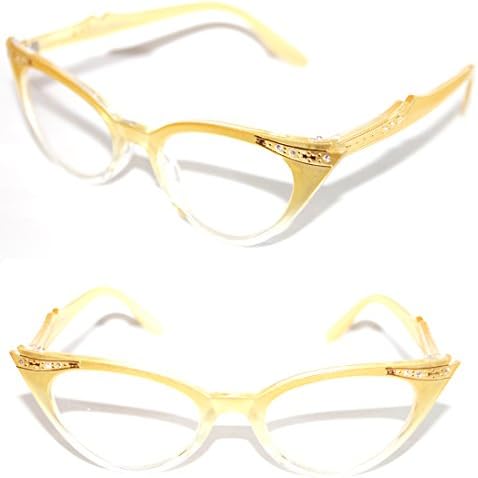 WOMEN'S CAT EYE SMALL RETRO GRADIENT FRAME CLEAR LENS GLASSES WITH GOLD RHINESTONES
