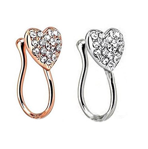 Kiokioa Heart Rhinestone Gems Clip On Nose Ring Fake Hoop Non No Piercing (2PCS)