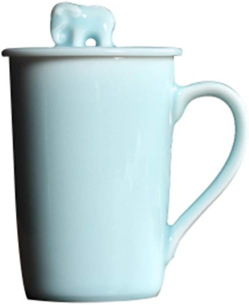 Teacups with Lid 12-Ounce Porcelain Mugs Celadon Microwave and Dishwasher Safe(Sky Blue)