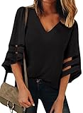 Women 3/4 Bell Sleeve Tops Casual V Neck Loose Blouse Summer Autumn Shirt