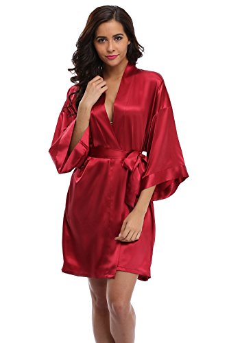Women's Satin Rhinestone Short Wedding Kimono Robe for Bridesmaid, Red XS