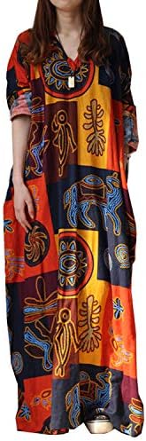 LVCBL Women Split Side Linen Cotton Loose Casual Kaftan Baggy Dress with Pockets S-5XL