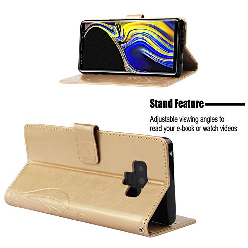 Strap Case for Galaxy Note 9,Wallet Leather Cover for Galaxy Note 9,Herzzer Classic Elegant [Gold Butterfly Pattern] PU Leather Fold Stand Card Holders Smart Phone Case - Thumbnail 4