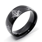 TEMEGO Jewelry Mens Stainless Steel Ring, Vintage Polished Finish Masonic Symbol Band, Black