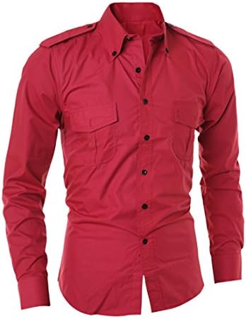 Pipi Men Fashion Slim Fit Solid Epaulet Double Pockets Button Down Shirts xxl red