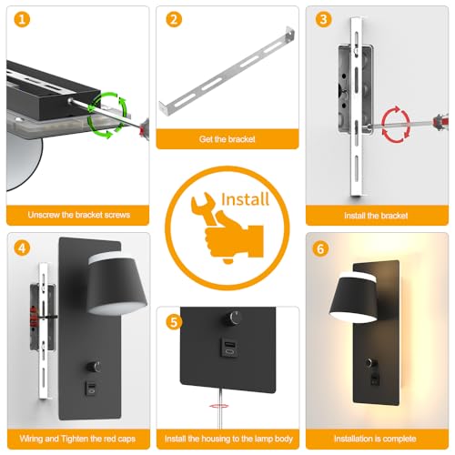 Sytmhoe 2 Pieces Wall Sconces with USB Charging Type C Bedroom, 16 W 3000 K Dimmable Rotatable Lamps for Wall Light Switch, Black Aluminium Led Lights Lamp Reading Lamp Bedside Wall