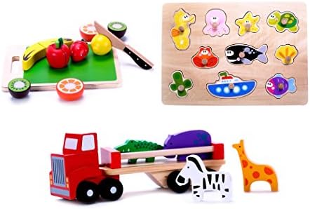 Cubbie Lee The Classic Wood Toy Variety Bundle Pack | Fruit Cutting, Animal Truck & Ocean Wooden Peg Puzzle | Simple Educational & Sensory Learning for 1 & 2 Year Olds | Buy The Bundle & Save!