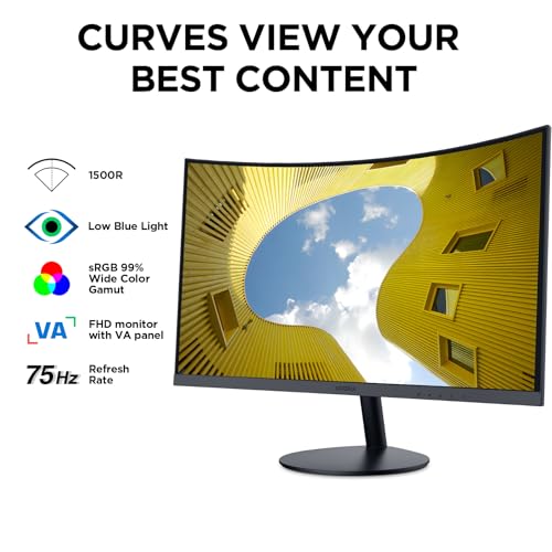 KOORUI 27 Inch Curved Monitor, Full HD 1080P 75Hz Computer Monitor, 1500R HDMI VGA, Tilt Adjustment, Eye Care, Black