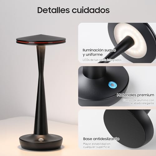 HYMZP Lámpara de Mesa LED Inalámbrica Recargable 6000mAh, 3 Temperaturas de Color y Regulación Táctil Continua, IP54 Impermeable, Diseño Moderno con Memoria, para Interior y Exterior (Negro)