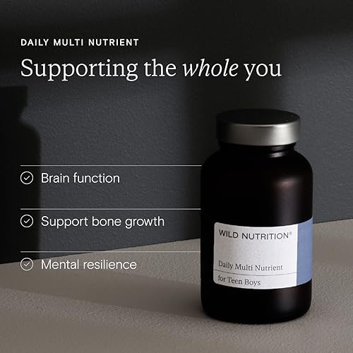 WILD NUTRITION Food-Grown Teen Boy Daily Multi Nutrient | Multivitamin for Teens Boys with Zinc, Selenium, Folate and More to Support Strong Bones, Brain Health, and Hormone Balance | 60 Capsules