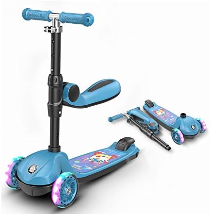 SHENG Kids Kick Scooter, Wheel Scooter for Kids 3 in 1 Boys and Girls Scooter with Adjustable Height/Foldable Seat for child age 2+, Toddler Kick scooter with PU Flash light Up Wheels,B