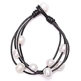 Leather Freshwater Pearls Wraps Bracelet Handmade Beaded Strands Jewelry on Genuine Leather Cord for Women-Black Leather&White Pearl