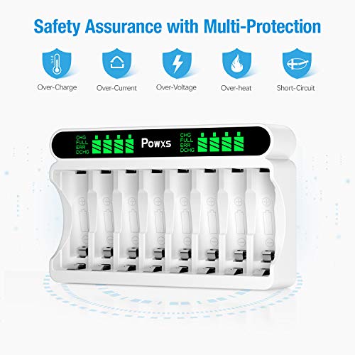 POWXS LCD AA AAA Battery Charger Independent 8 Bay Battery Charger, Including 4 Count AA and 4 Count AAA Rechargeable Batteries