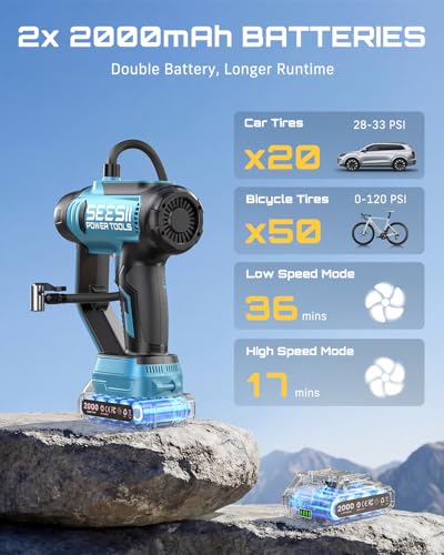 SEESII 2-in-1 Tire Inflator & Car Vacuum with 2×2000mAh Batteries, 150PSI Rapid Portable Air Compressor, 20000Pa Suction, 21V Cordless Air Pump, Digital Gauge, LED Light for Car, Ball, Bike, Home