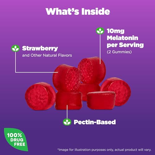 NATROL MELATONIN GUMMIES, SLEEP SUPPORT FOR ADULTS, 10 MG MELATONIN SUPPLEMENT FOR SLEEPING, 60 STRAWBERRY-FLAVORED GUMMIES, UP TO A 30 DAY SUPPLY