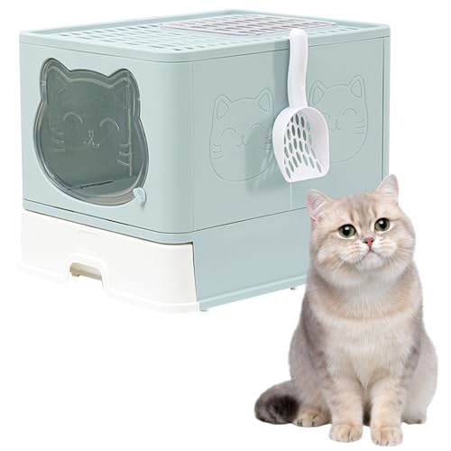 Wallfire 猫 トイレ 猫用トイレ本体 ネコトイレ 大容量 大型 2way出入り方法 砂の飛び散り防止 掃除簡単 脱臭抗菌 スコップ付き フルカバー 折りたたみ 組み立てしやすい 引き出し付き おしゃれ 人気 (グリーン)