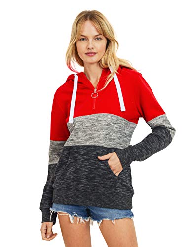 Women's Ultra Soft Fleece Tri-Color Block 1/4 Zip-Up Pullover Hoodie Sweatshirt, Red, Large