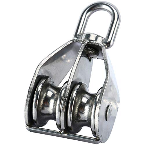 DasMarine 2 Pack M32 Double Pulley Block in 304 Stainless Steel Crane Swivel Hook Double Pulley Roller Loading (M32)