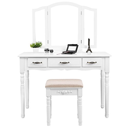 Songmics vanity table set, 3 large drawers, tri folding…
