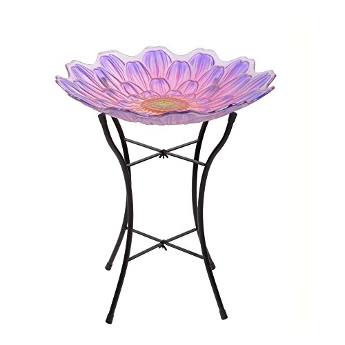 Peaktop Outdoor 18" Flower Glass Birdbath w/Metal Stand - Pink and Purple - Thumbnail 4