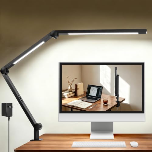 Lampara de Escritorio LED con Pinza, Doble Fuente de Luz 1500LM CRI>95, Lámpara de Mesa con Brazo Ajustable 7 Articulaciones, 4 CCT y 5 Brillos, Luz para Monitor y Home Office