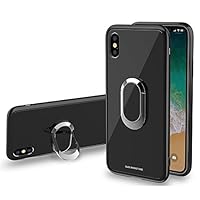 Case for iPhone X, Tempered Glass Back Drop Protection Soft Silicone Bumper Cover Case with Ring Holder Kickstand for iPhone X 5.8 inch(Black)