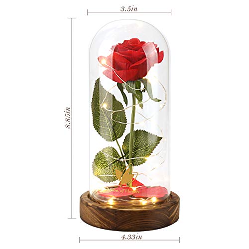 Dream of Flowers Beauty and The Beast Rose, Glass Dome brown Wood Base, Valentine's Party Gifts, Wedding Gifts, Best Gift for Her (N2)