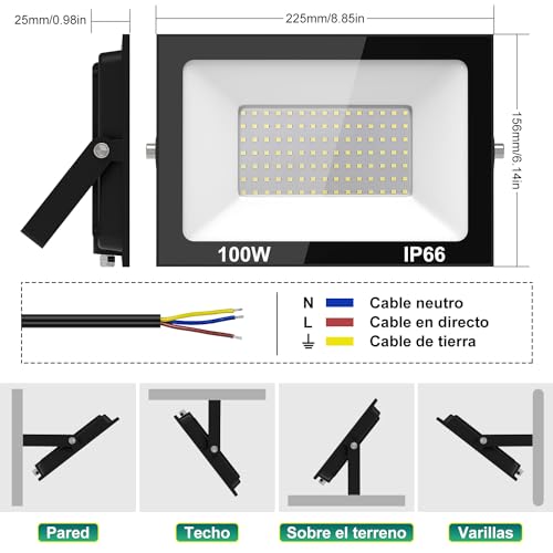 100W Reflectores Led Exteriores 2 Pack, Luz Exterior IP66 Impermeable, Iluminación Equivalente a 1000W, 6500K Luz Fría, 9000LM, Para Jardines, Terrazas, Fábricas, Muelles, Plazas Iluminación