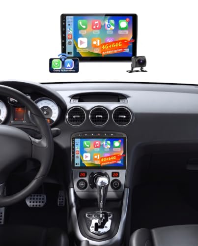 4+64G Wireless Car Radio CarPlay for Peugeot 308/408 2007-2015 Android Auto, Touch Screen Car Radio with Bluetooth 5.0/GPS/Reverse Camera/FM/WiFi/SWC