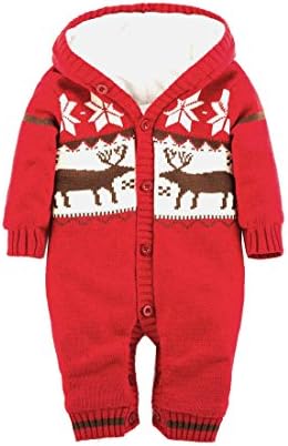 Mordarli Baby Boy Girl Fleece Hooded Thickening Romper Reindeer Costume Kintted Sweater Outfit