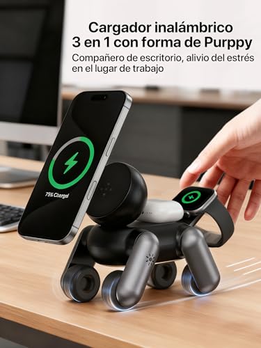 SoulBytes Cargador inalámbrico 3 en 1, Soporte Cargador inalámbrico magnético Plegable con luz Nocturna, Compatible con iPhone 17/Air/16/15/14/13/12 Series, AirPods 4/3/2 Pro y Apple Watch.(Nergo)