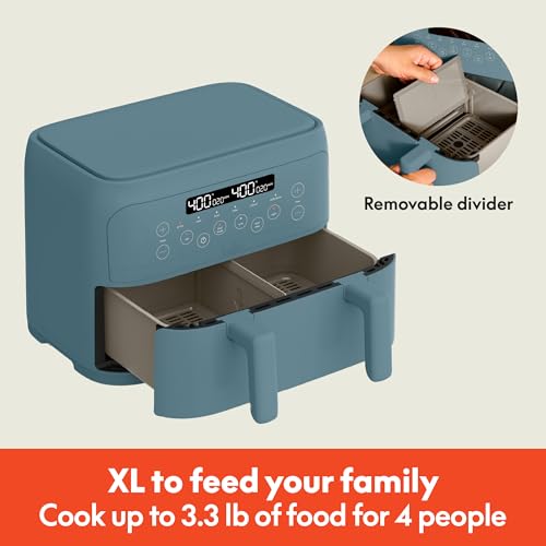 Bella Freidora de aire TriZone de 4 cuartos, revestimiento antiadherente cerámico EverGood™, diseño de canasta doble con divisor extraíble, control de pantalla táctil digital con 6 opciones de cocción preestablecidas, 1200 vatios, capacidad de 3 libras, Surf