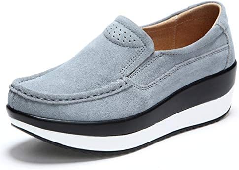 JRenok Women's Flat Platform Shoes Wide Work Cow Suede Leather Loafers Moccasins Slip on Wedges Footwear