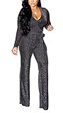Sparkly Jumpsuits for Women Elegant Night Sexy Plus Size Long Sleeve Clubwear Party Casual Rompers Wide Leg Pants Silver