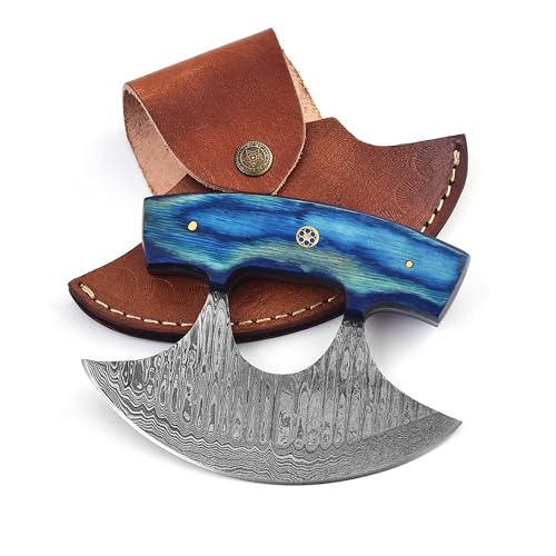 MOHID ENT Damascus ulu knife with leather sheath, 6" Best pizza cutter with wooden handle for stable grip, Alaska Ulu knife perfect for slicing, mincing, and chopping (6064)