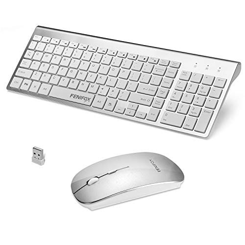 FENIFOX Wireless Keyboard and Mouse Combo, Full-Size Whisper-Quiet Compact Wireless Keyboard Mouse for Laptop PC Computer Windows Android - Silver